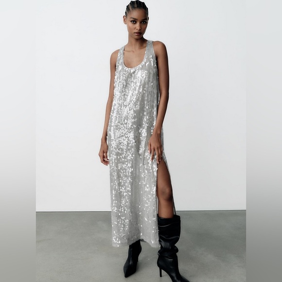 ZARA ~ SEQUIN DRESS SILVER - Picture 4 of 9
